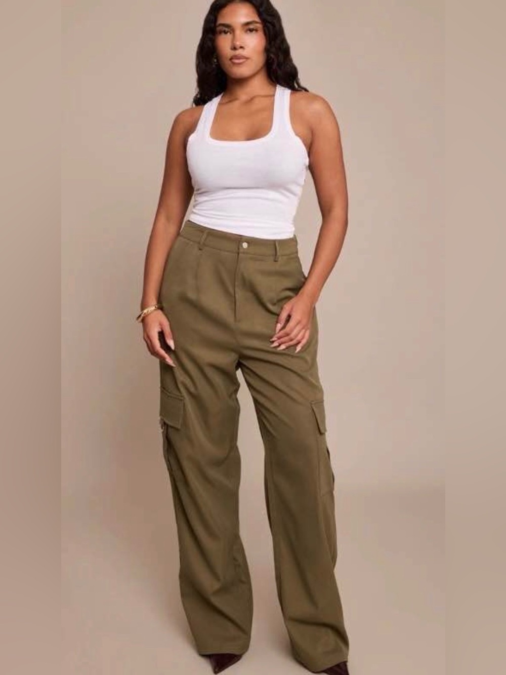 PRETTYLITTLETHING SHAPE KHAKI BUCKLE CARGO WIDE LEG TROUSERS
